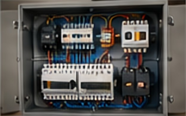 Open control box with relays, contactors and wiring